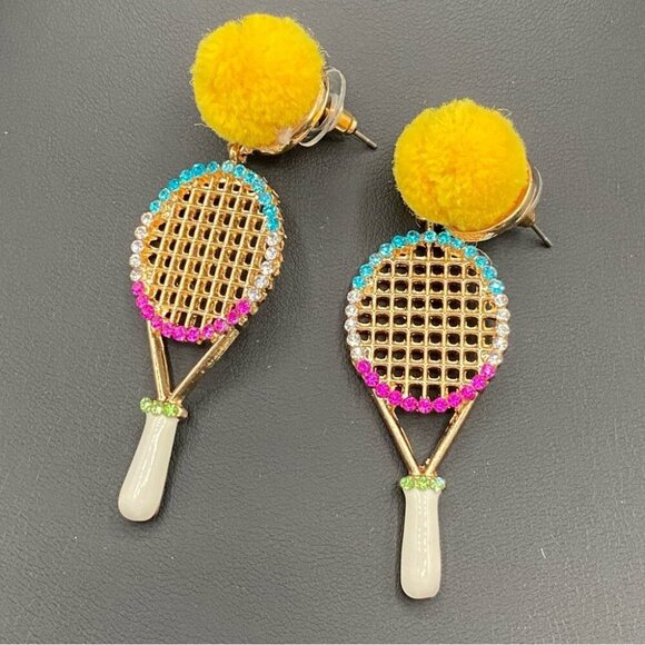Cute Tennis Racket Statement Earrings with PomPom and Rhinestones - Picture 1 of 8